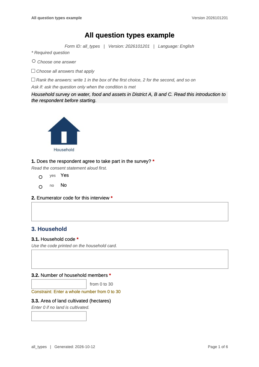 Page 1 of the paper version of the bundled all_types example form: a title, a legend, a consent question with two choices, write-in boxes and a numeric question with a constraint.